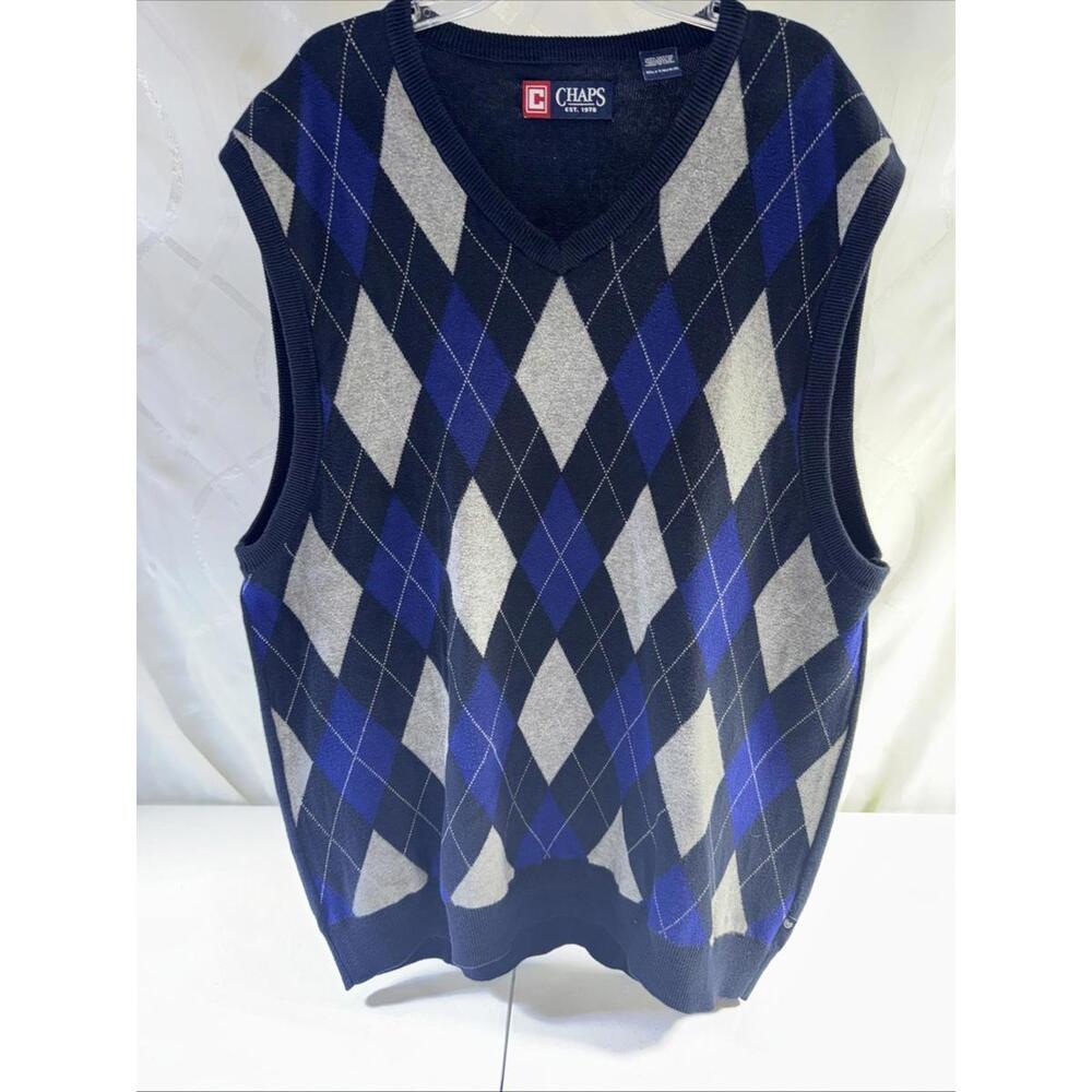 Chaps Argyle Vest Men Size XL Blue Gray 100% Cotton V Neck